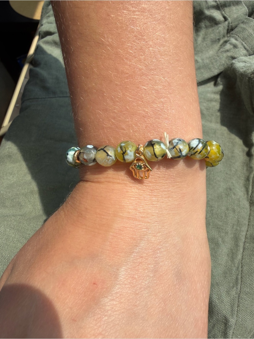 Beaded Yellow Green Agate Bracelet with Gold Hamsa Charm
